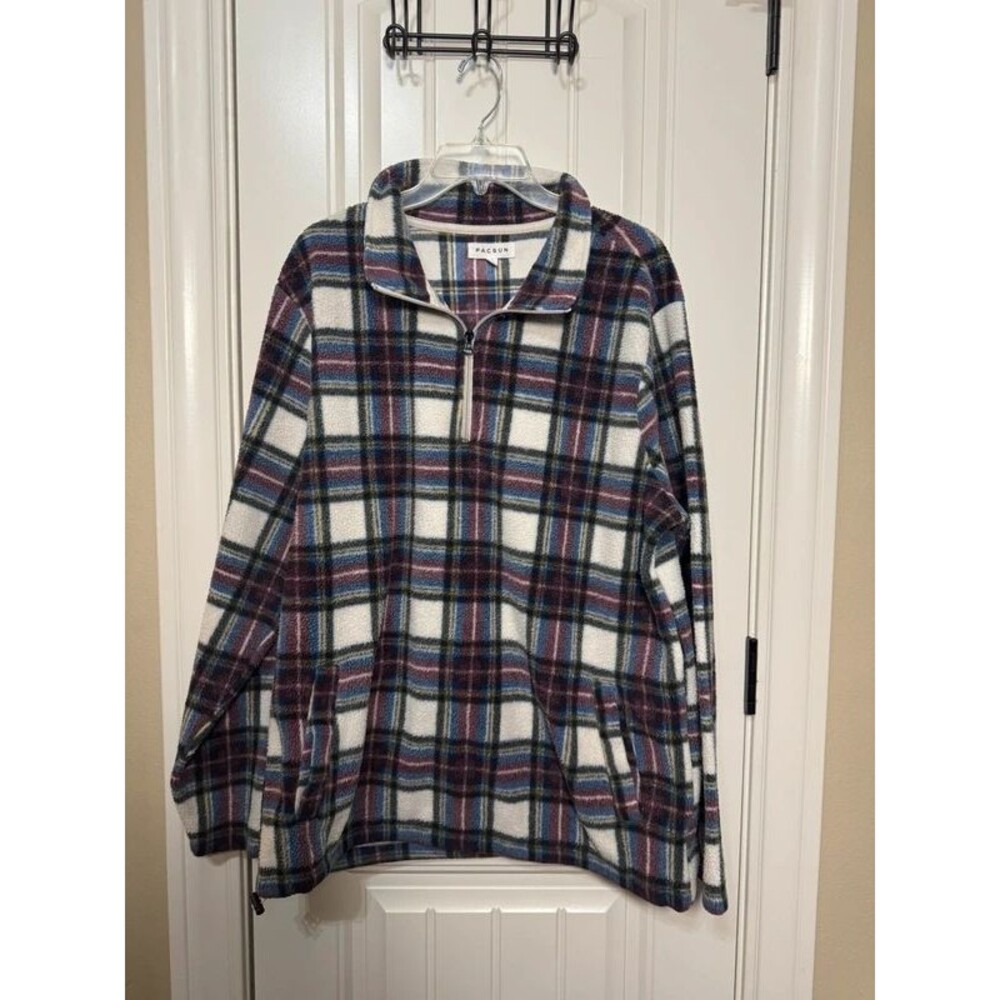 PacSun Men's Plaid Sherpa Quarter-Zip Fleece Pullover - Size Large